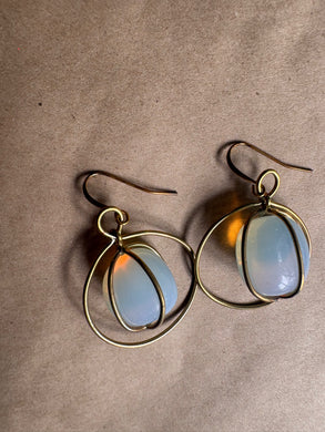 Serenity Stone Ear Drop Danglers, Translucent Motion of Opalite in Gold-Tone Brass