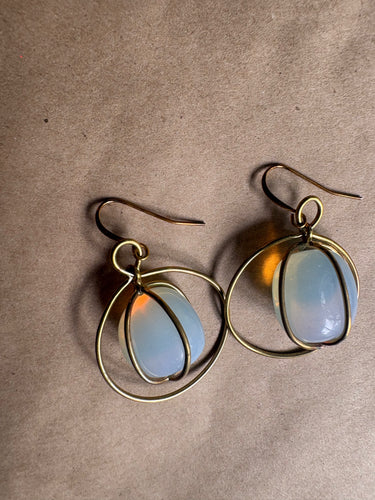 Serenity Stone Ear Drop Danglers, Translucent Motion of Opalite in Gold-Tone Brass